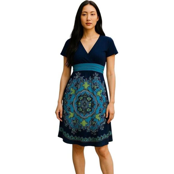 Blue Paisley Floral Retro Pattern Stretch Dress - Picture 1 of 5